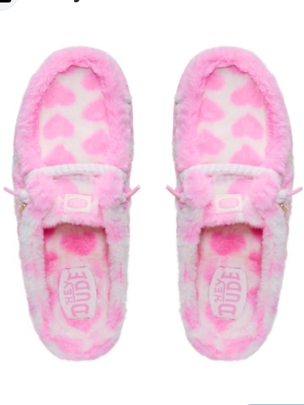 Hey Dude Pink & White Fuzzy Heart Slip-On Slippers Size 8 Like New